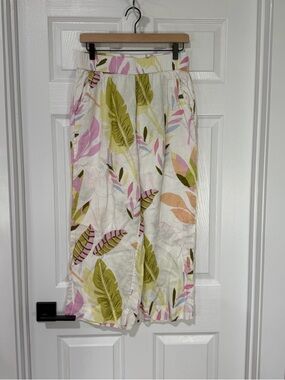 Cynthia Rowley White Wide-Leg Pants with Pink and Green Leaf Print